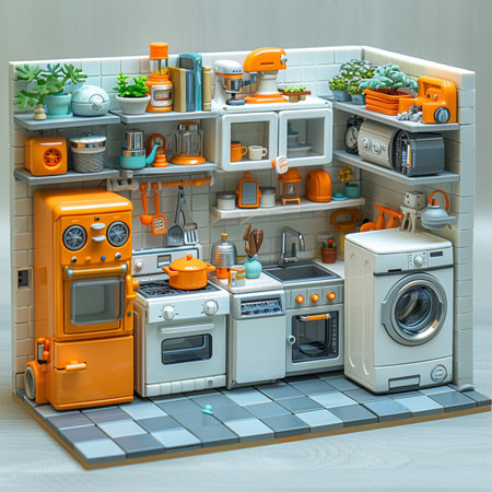 3d rendering of an orange and white household appliances in the kitchenの素材