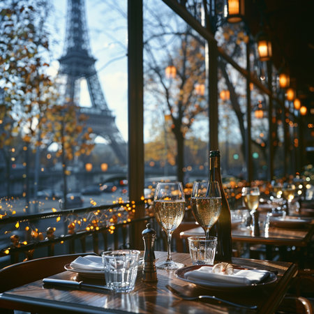 Romantic dinner in Paris with champagne and Eiffel tower in the backgroundの素材