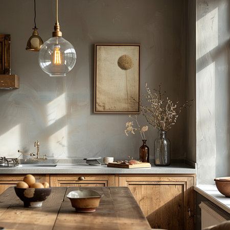 Interior of modern kitchen with wooden countertop, cupboard, sink and dining tableの素材