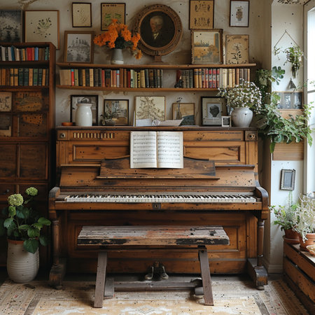 Old piano in the interior of an old house with books and flowersの素材