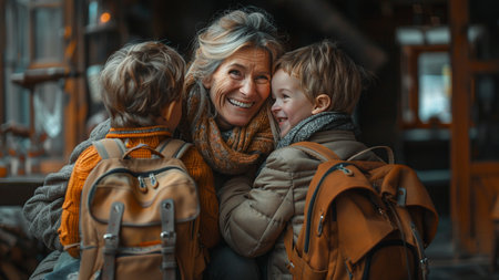 Portrait of happy grandmother with her two children on the street.の素材