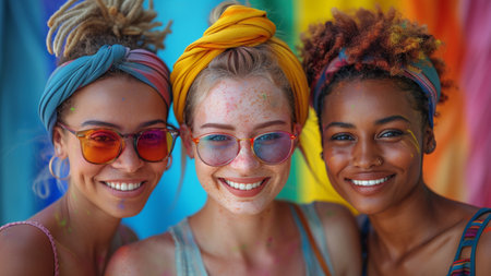 Portrait of happy multiethnic friends at holi color festivalの素材