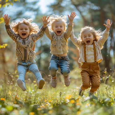 Three little girls jumping on the meadow in autumn. Happy childhood.の素材