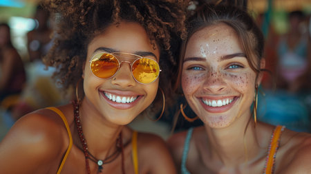Portrait of two smiling young women with sun protection cream on their facesの素材