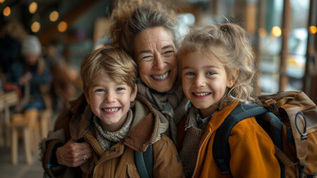 Portrait of happy grandmother and grandchildren looking at camera in cafe.の素材