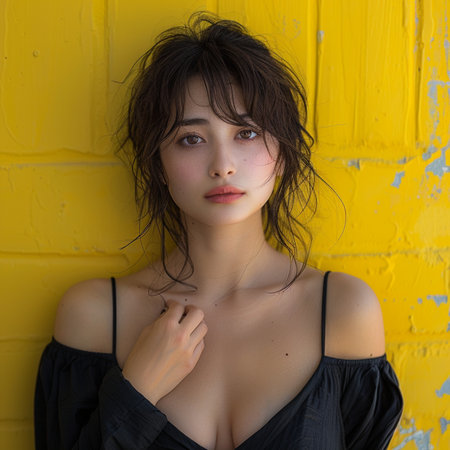 young beautiful girl posing nude in the studio, standing near the yellow wallの素材