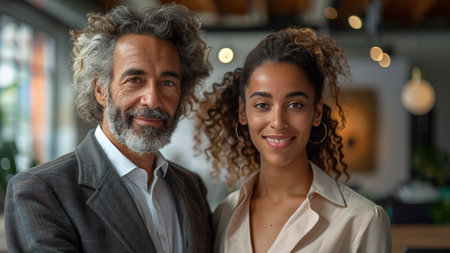 Portrait of smiling African American businessman and businesswoman looking at cameraの素材