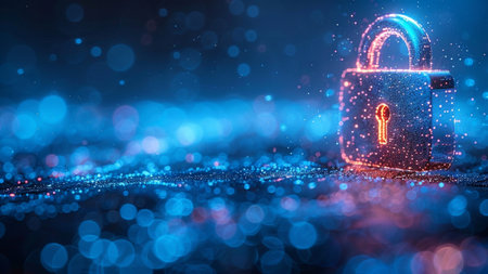 Cyber security concept. Closed padlock on blue bokeh backgroundの素材
