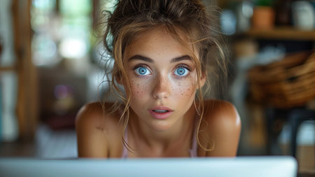 Close up portrait of a beautiful young woman with freckles on her face looking at the camera while using a laptopの素材