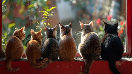 Group of cats sitting on the window and looking at the outside.の素材