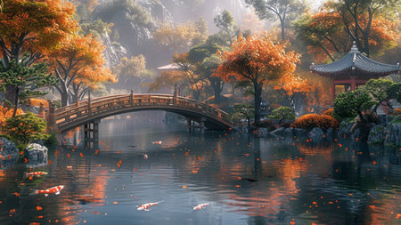 Autumn landscape with lake and wooden bridge in chinese garden.の素材