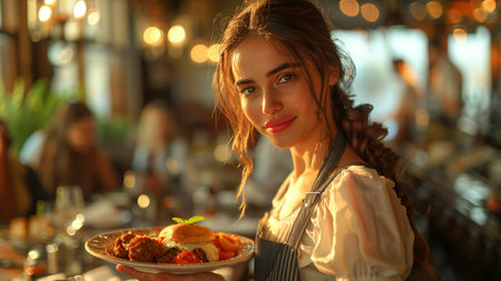 Portrait of beautiful waitress in cafe. Food and drink concept.の素材