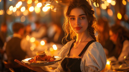 Beautiful waitress in a restaurant with a plate of food in her handsの素材