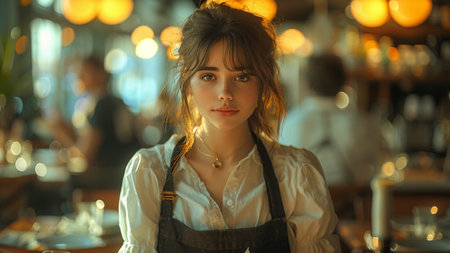 Portrait of a beautiful young woman in a cafe. Baristaの素材