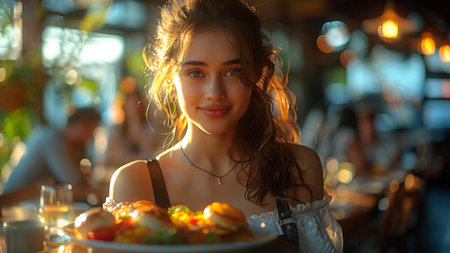 Portrait of a beautiful young woman with a plate of food in a restaurantの素材