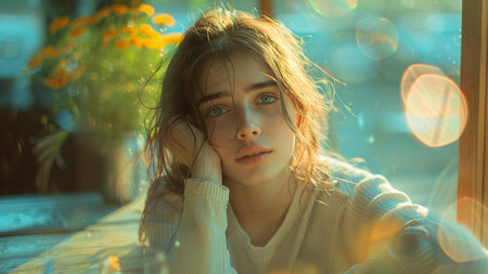Portrait of a beautiful young woman sitting in a cafe and looking at the cameraの素材
