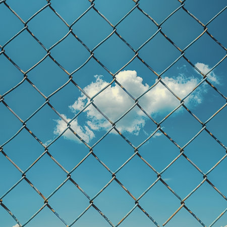 blue sky with clouds and chain link fence - retro vintage effect style picturesの素材