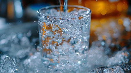 Pouring water into a glass with ice, shallow depth of fieldの素材