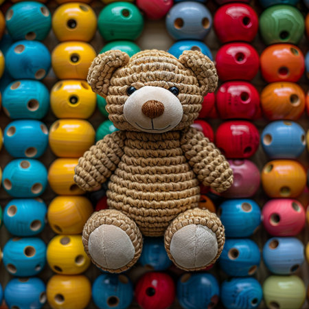 Teddy bear with colorful wooden beads background. Selective focus.の素材