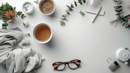 Flat lay, top view office desk table. Workspace with a cup of tea, coffee, headphones, notebook, glasses, coffee beans, plant on a white backgroundの素材