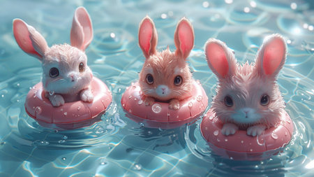 Rabbits in the swimming pool. Happy easter concept.の素材