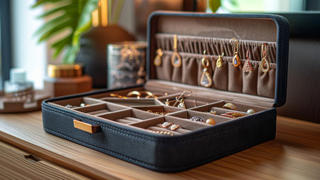 Jewelry box with rings and earrings on a wooden tableの素材