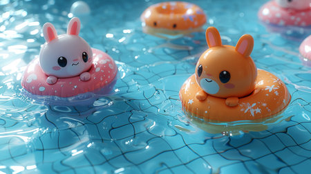 Rubber bunnies in swimming pool, closeup of photoの素材