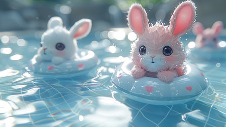 Cute bunny toy in swimming pool with bokeh background.の素材