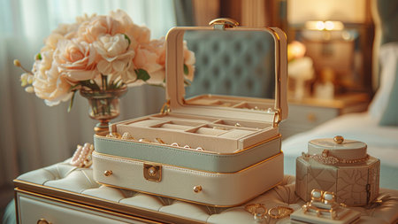 Wedding rings in a jewelry box on the bed in the bedroomの素材