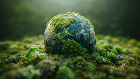 Globe with green moss on mossy ground in the forest.の素材