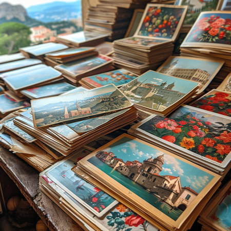 Pile of old books on the background of the mountains. Selective focus.の素材