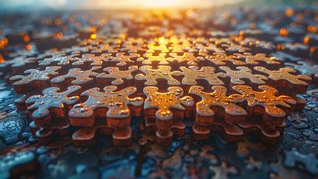 3d rendering of a puzzle piece in front of a sunset backgroundの素材