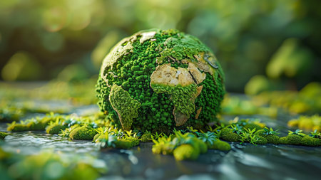 Green moss on the globe. Global warming concept. 3d renderingの素材