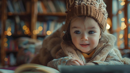 Portrait of a cute little girl in warm clothes sitting in the libraryの素材