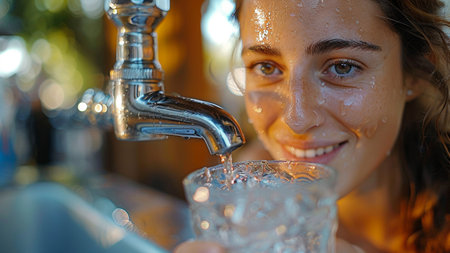 Close-up portrait of a young woman drinking water from a tapの素材