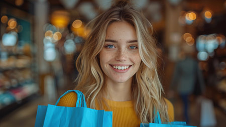 Portrait of smiling young woman with shopping bags in shopping mall.の素材