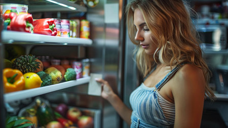 Portrait of young woman standing near open fridge full of healthy food.の素材
