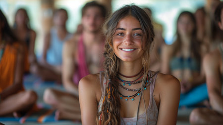 Portrait of smiling young woman with dreadlocks sitting in yoga studioの素材