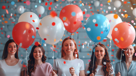 Beautiful young women with balloons at birthday party, close-upの素材