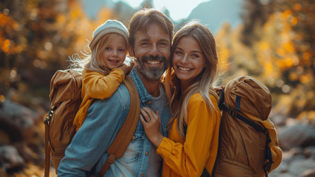 Portrait of a smiling family with a backpack in the mountains.の素材