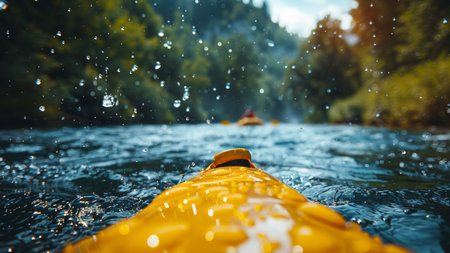 Close-up of a yellow kayak on the water with splashesの素材