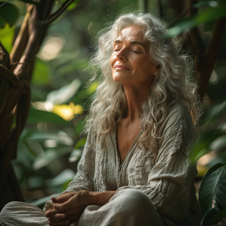Beautiful senior woman with closed eyes meditating in the park.の素材