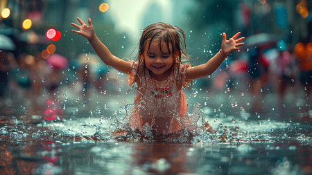 Cute little girl splashing in a puddle in the rainの素材