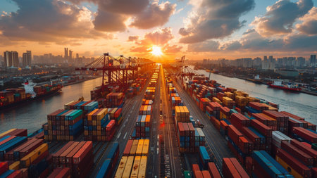 Aerial view of container cargo freight ship and cargo plane with working crane bridge at sunset.の素材