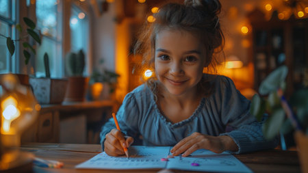 Cute little girl doing her homework at home. Cute child drawing with pencils.の素材