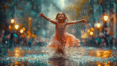 Cute little girl in raincoat jumping in the puddle.の素材