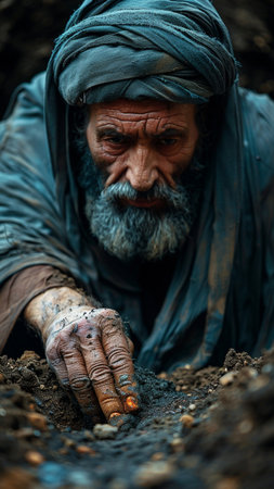Portrait of an old beggar man with a dirty face.の素材