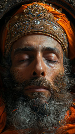 closeup portrait of a holy man with a long beard and mustache in orange clothesの素材