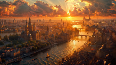 Panoramic view of the old town of Frankfurt am Main at sunset, Germanyの素材