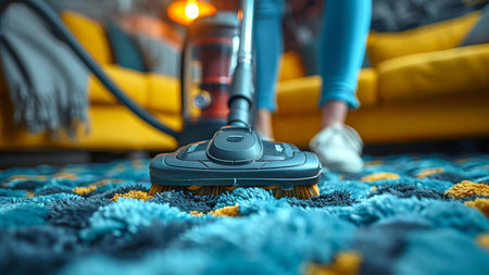 Close-up of young woman cleaning carpet with vacuum cleaner at homeの素材